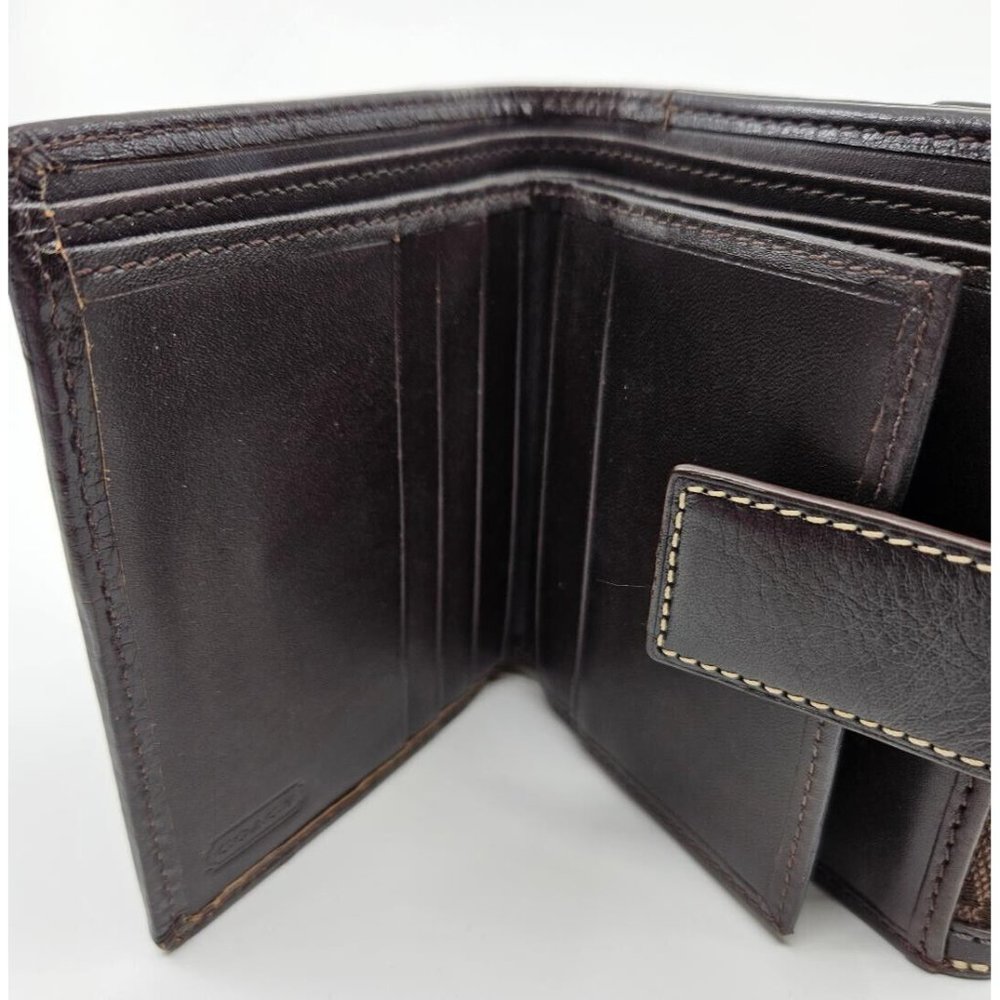 Coach Dark Chocolate Brown Signature Canvas Leather Tri-Fold Snap Wallet - Picture 8 of 13